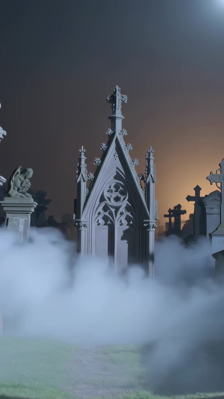 Video verticale: Nebbia che si sposta rivelando un mausoleo gotico in un cimitero, poi si muove sulle croci.