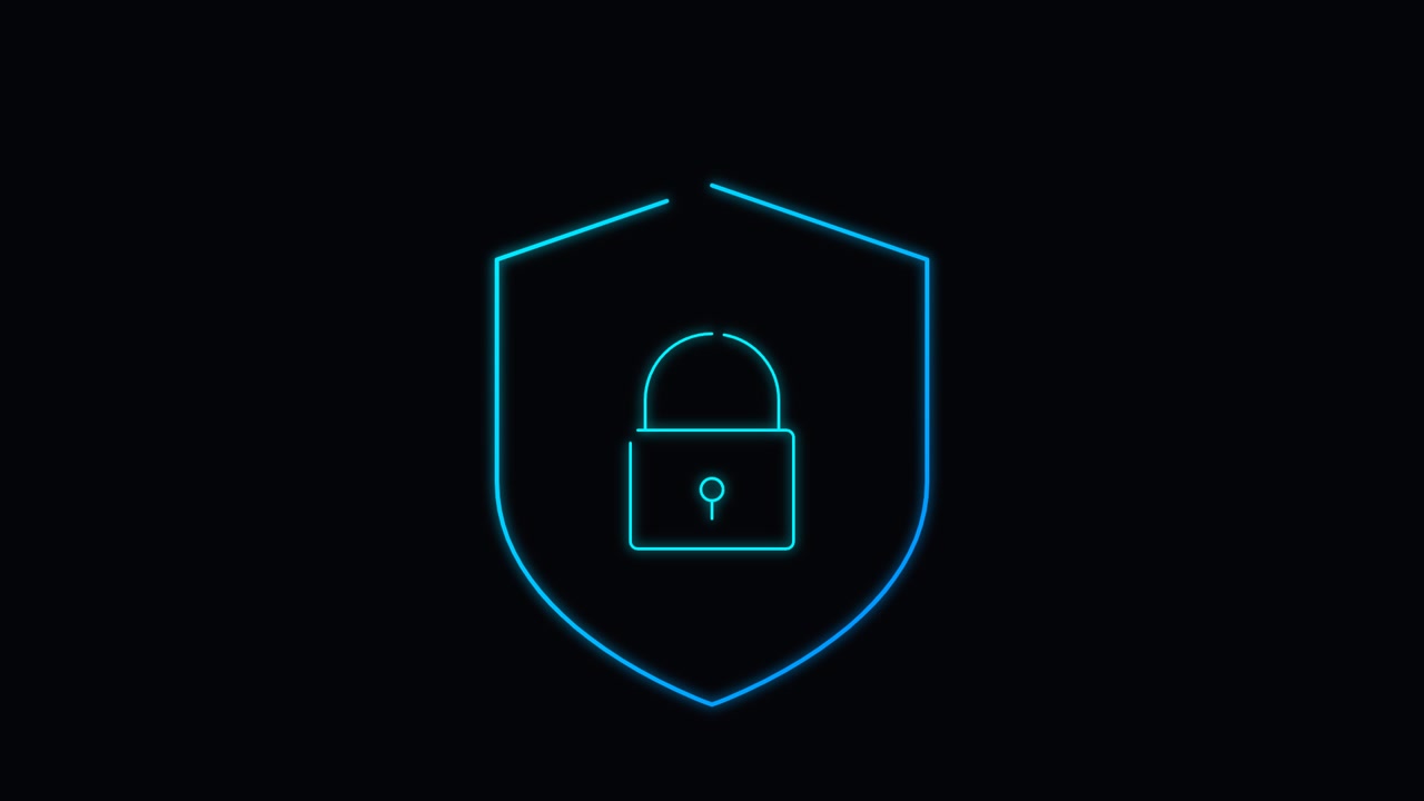Neon Blue Shield and Padlock Icon Animation on Black Background
