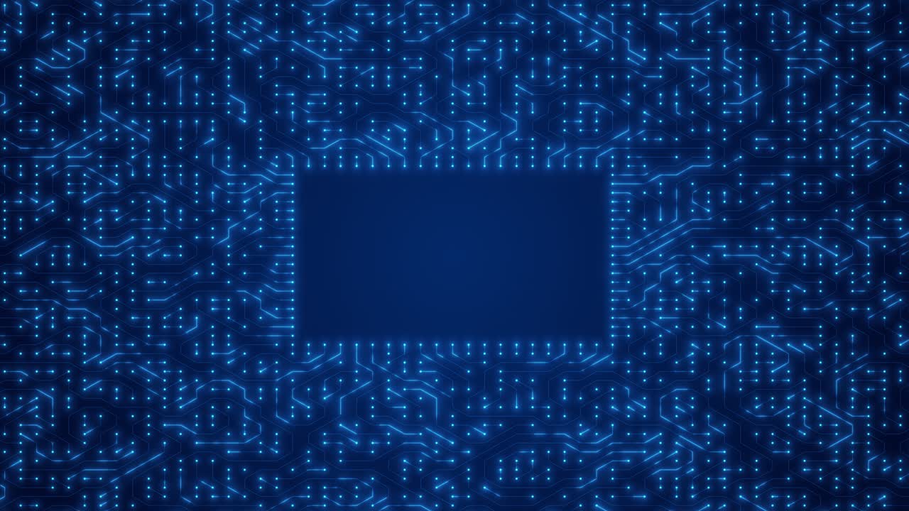 Circuito stampato con elettroni in movimento. Sfondo astratto blu di circuito elettronico. Intelligenza Artificiale