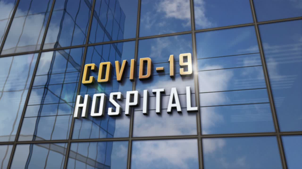 Arranha-céu de vidro de hospital Covid-19 com animação em loop de céu espelhado