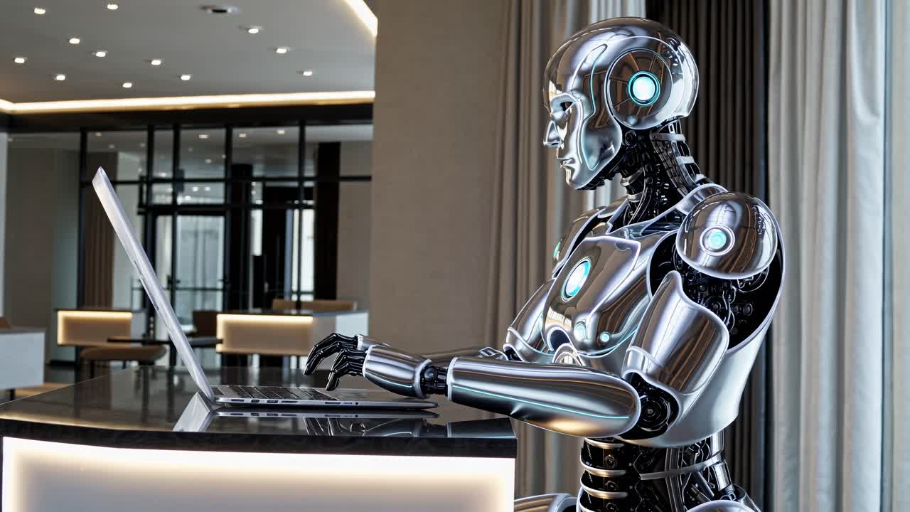 Futuristic robot with metallic body working on a laptop in a modern office