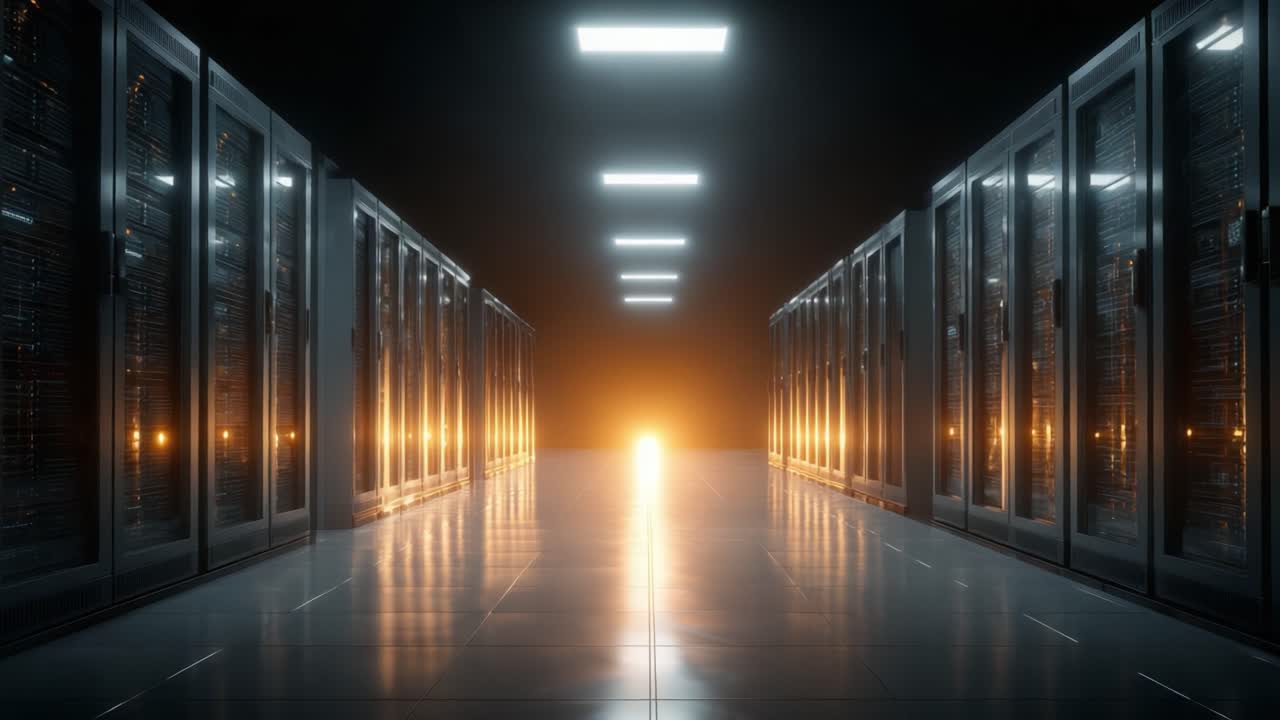 Illuminated Data Center Corridor: A Striking Visual Journey Through the Rows of High-Tech Server Racks Glowing in the Distant Light