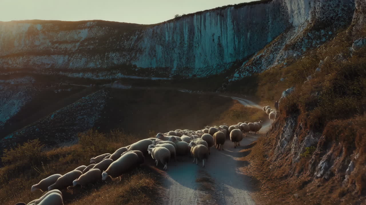 A flock of sheep and shepherds being led along a dirt path in a mountainous landscape at sunset
