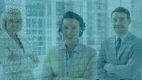 animation of group portrait of caucasian business people in an office over data recording