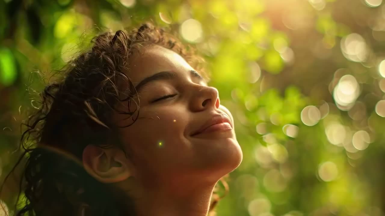 Close-up video still of a person basking in sunlight, eyes closed, surrounded by lush greenery