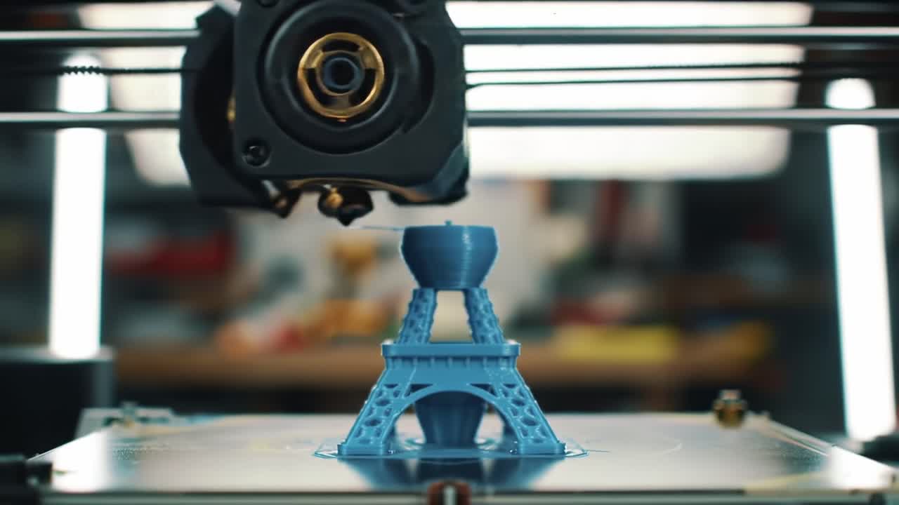 3D Printing Process of a Miniature Eiffel Tower Model: Capturing the Final Stages of Creation from Initial Layer to Completion in a Workshop Environment