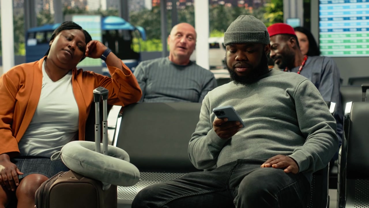 Homme afro-américain consultant son téléphone en attendant un bus de transport en commun à la gare