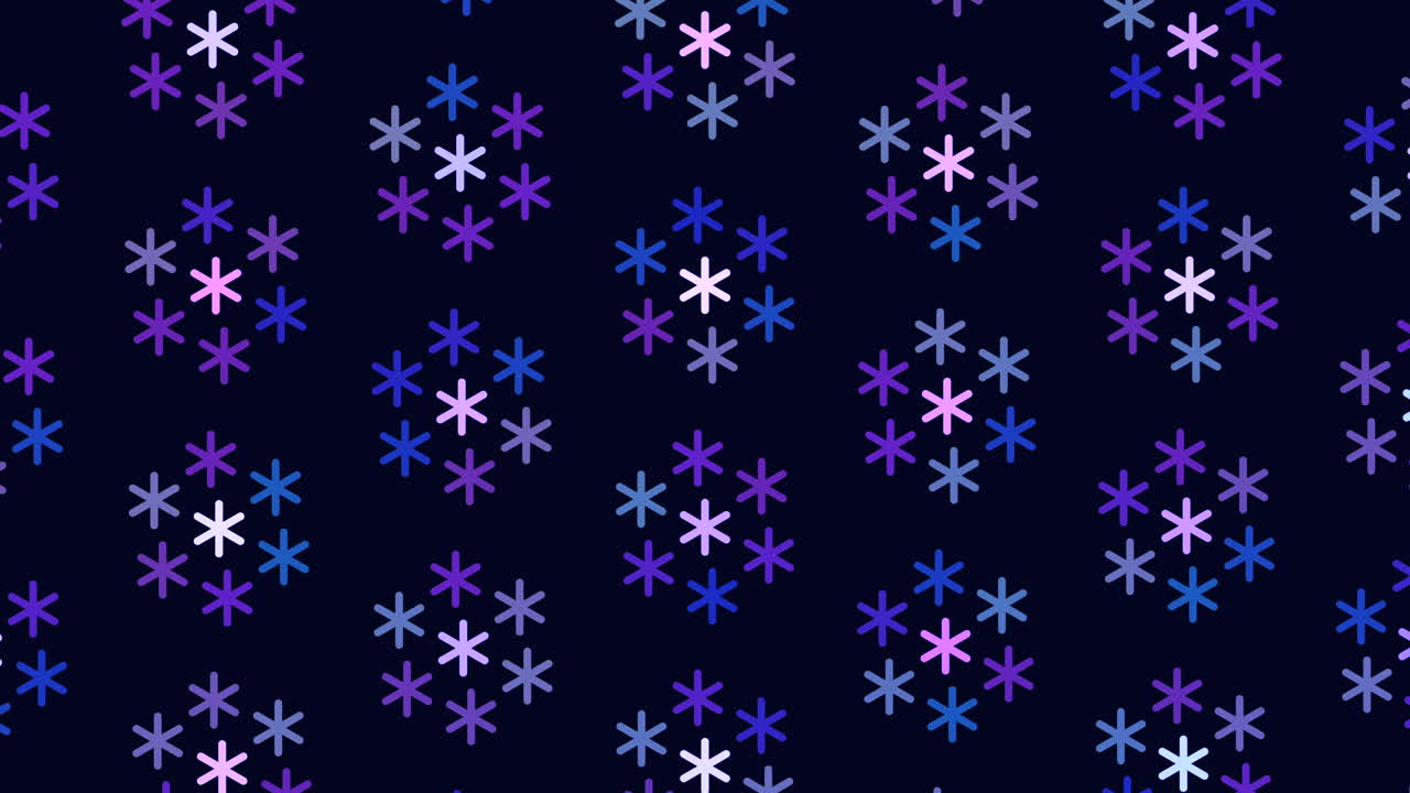 Digital pattern with abstract neon snowflakes in rows on black gradient