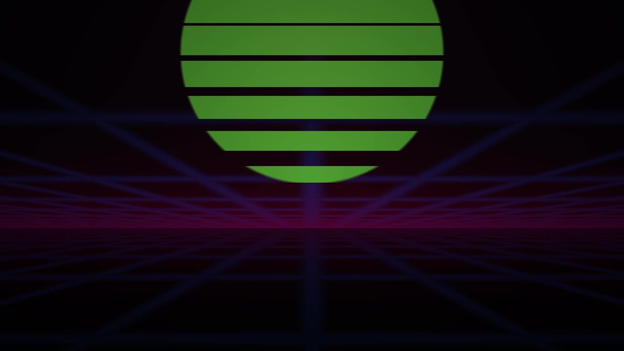 Griglia synthwave retro anni '80 con sole segmentato verde e orizzonte ondulato