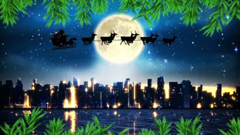 Green-tree-branches-against-santa-claus-in-sleigh-being-pulled-by-reindeers-over-cityscape