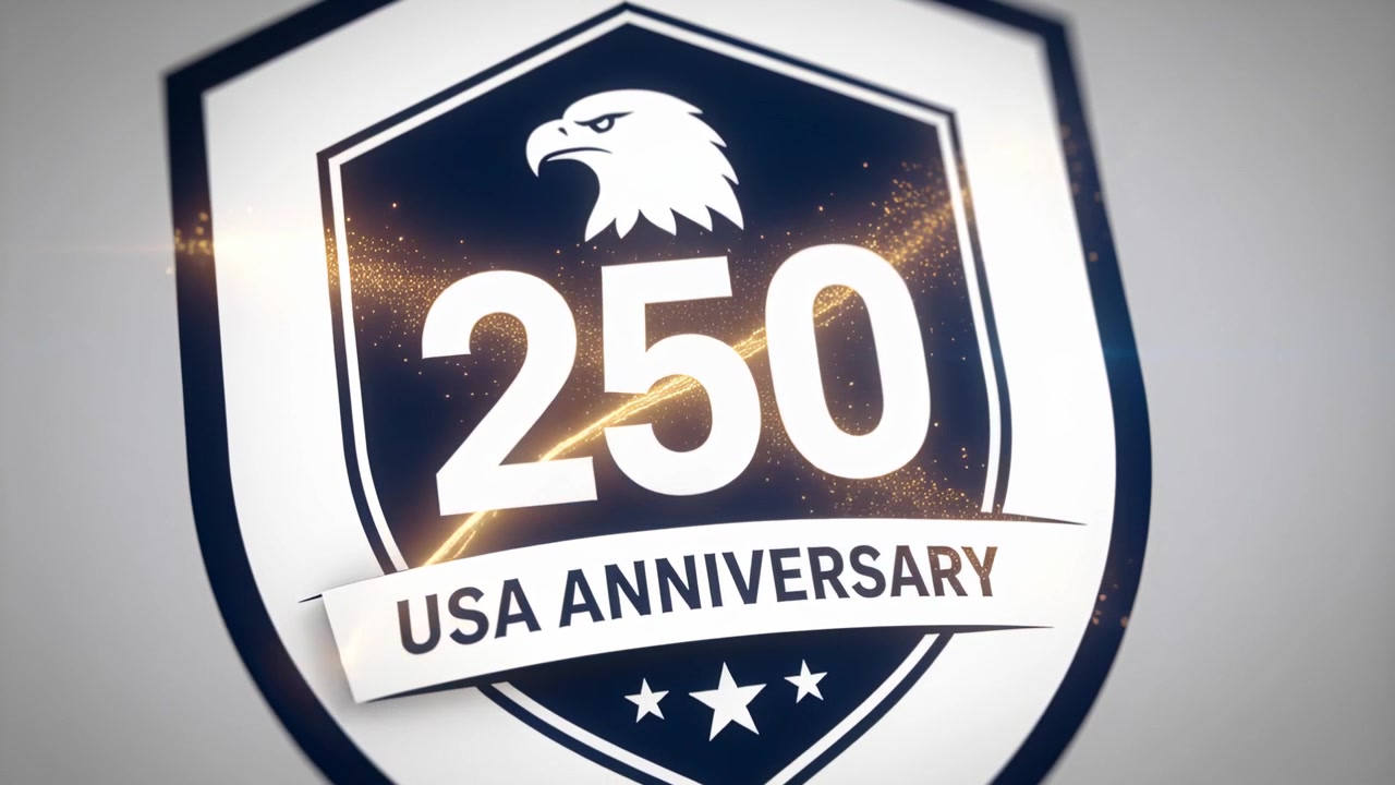 Emblema a scudo rotante in studio con bagliore blu che rivela un'aquila e il nastro 250° ANNIVERSARIO USA.