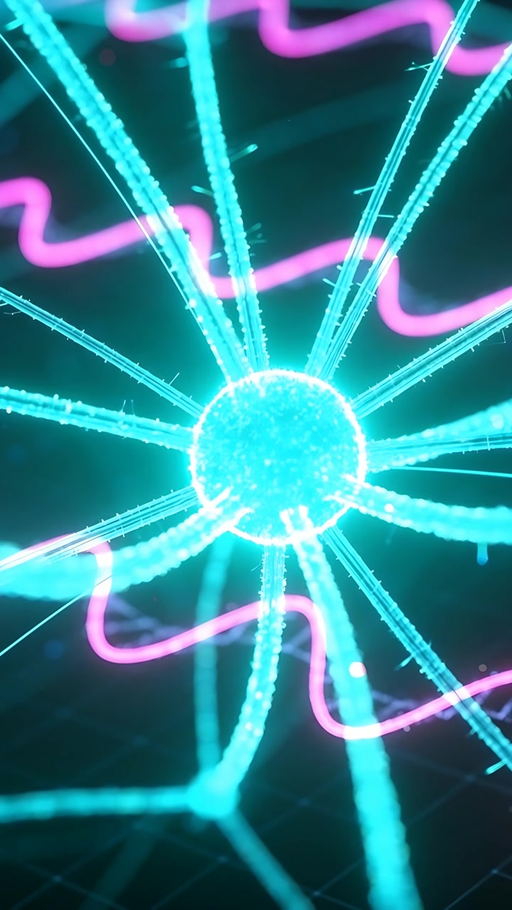 Vertical video: Glowing turquoise core sending rays, sparks in grid with pink ribbons forming loop