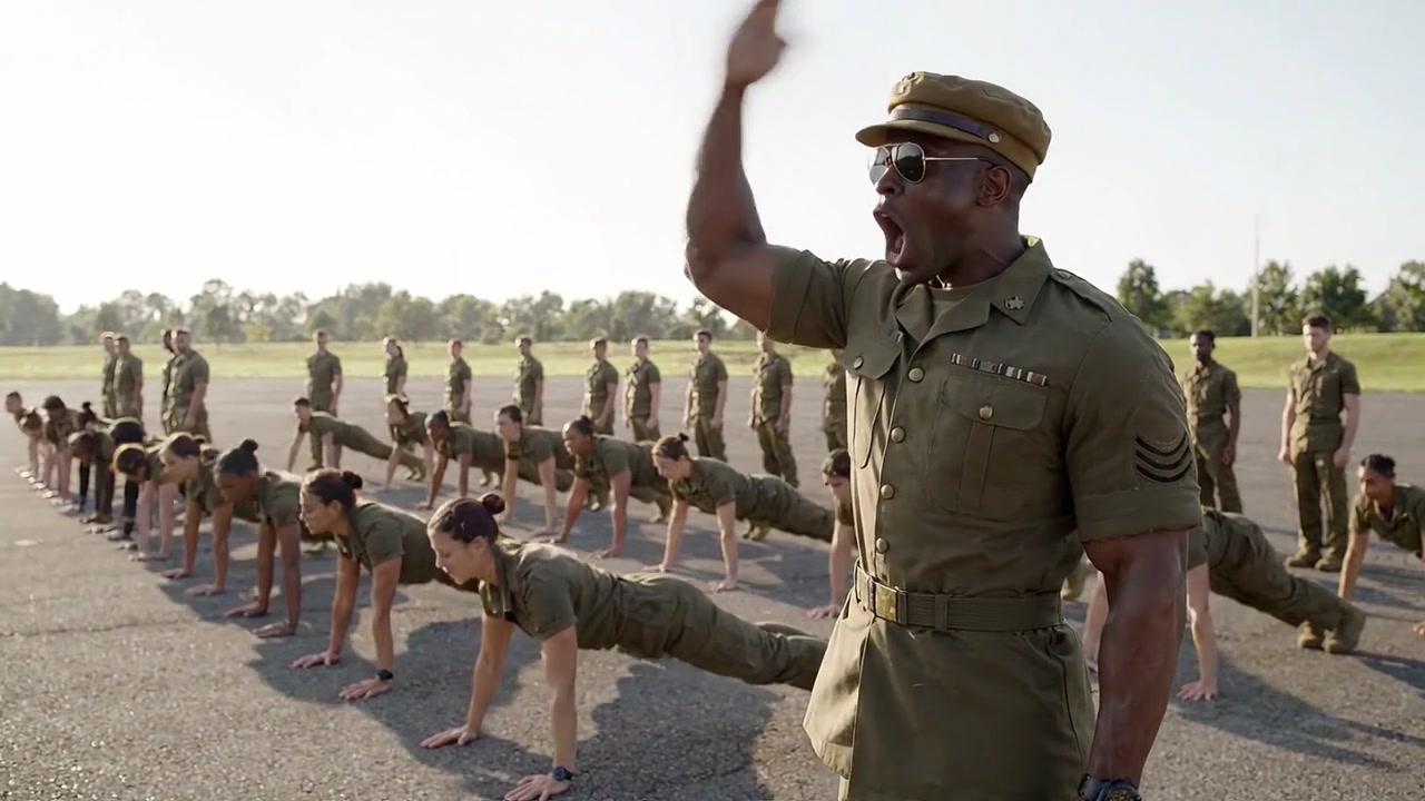Sessione di addestramento militare con soldati che eseguono flessioni sotto la supervisione di un istruttore militare in un ambiente esterno soleggiato.