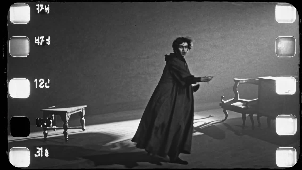 Mysterious figure in dark cloak moves through shadowy space, interacting with vintage furniture, creating an atmosphere of intrigue and suspense in a cinematic scene