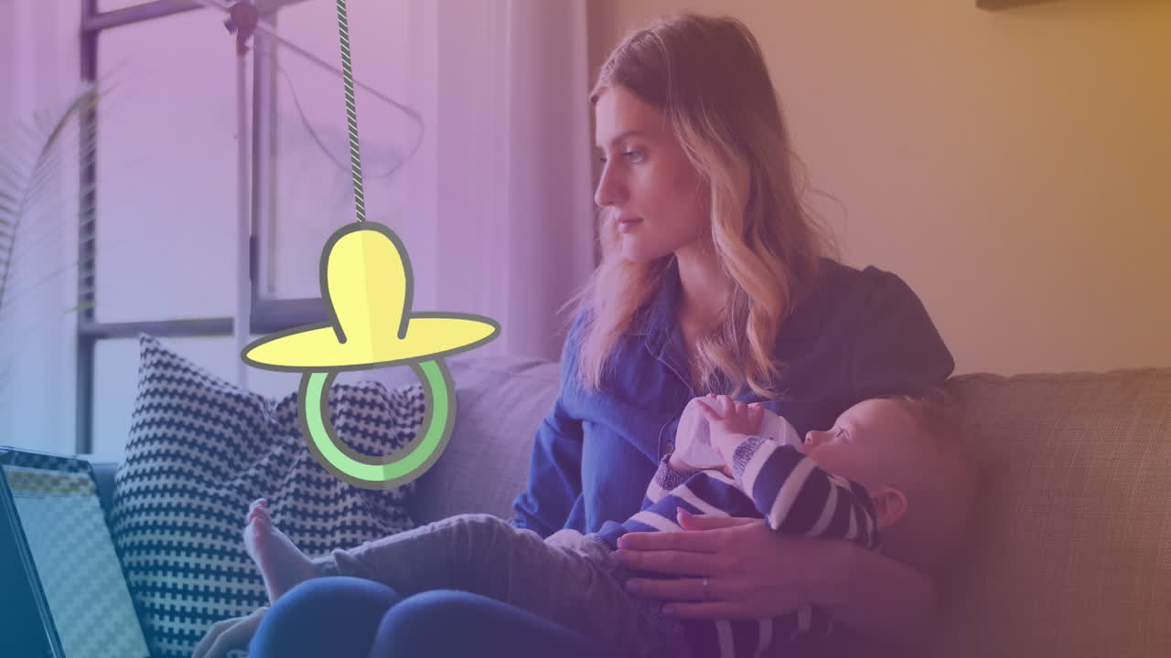 아기를 가진 백인 여성 위에 매달린 인형의 애니메이션