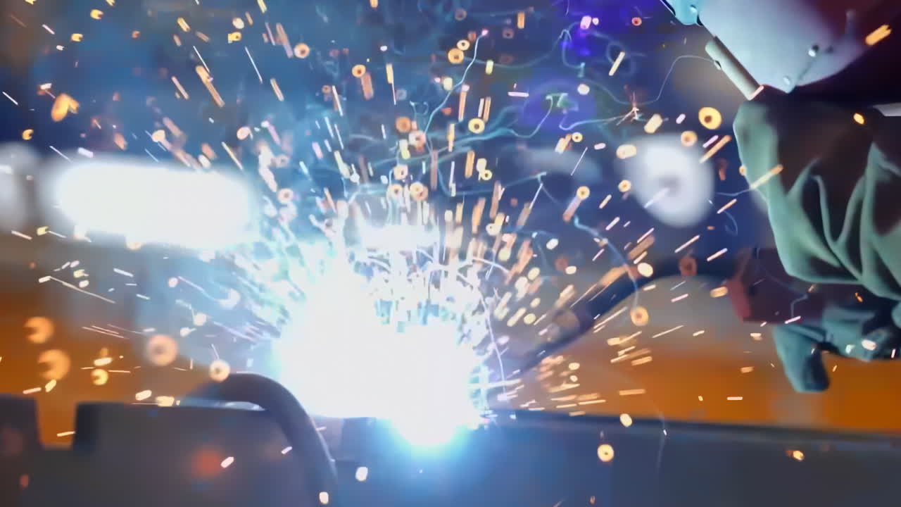 Woman welder technical working with protective gloves, helmet and overalls focus on welding automotive components with precision sparks flying in a large fabrication shop