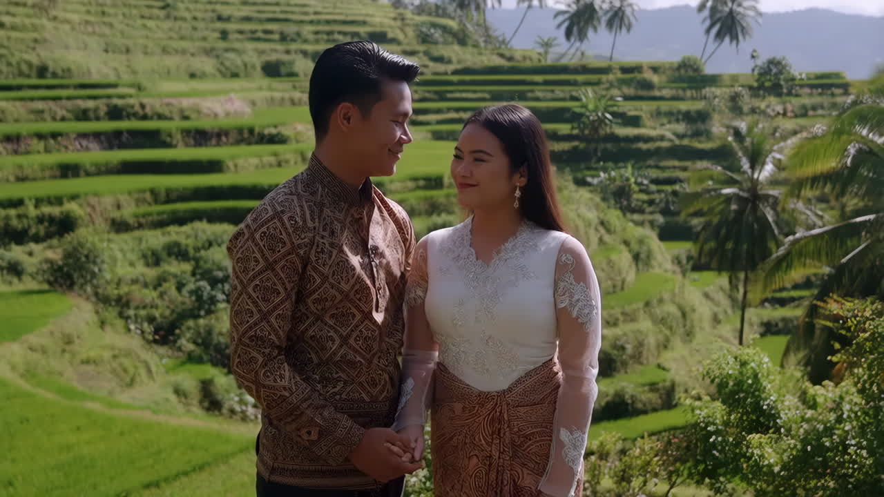 Couple in traditional clothing at rice terraces in Bali