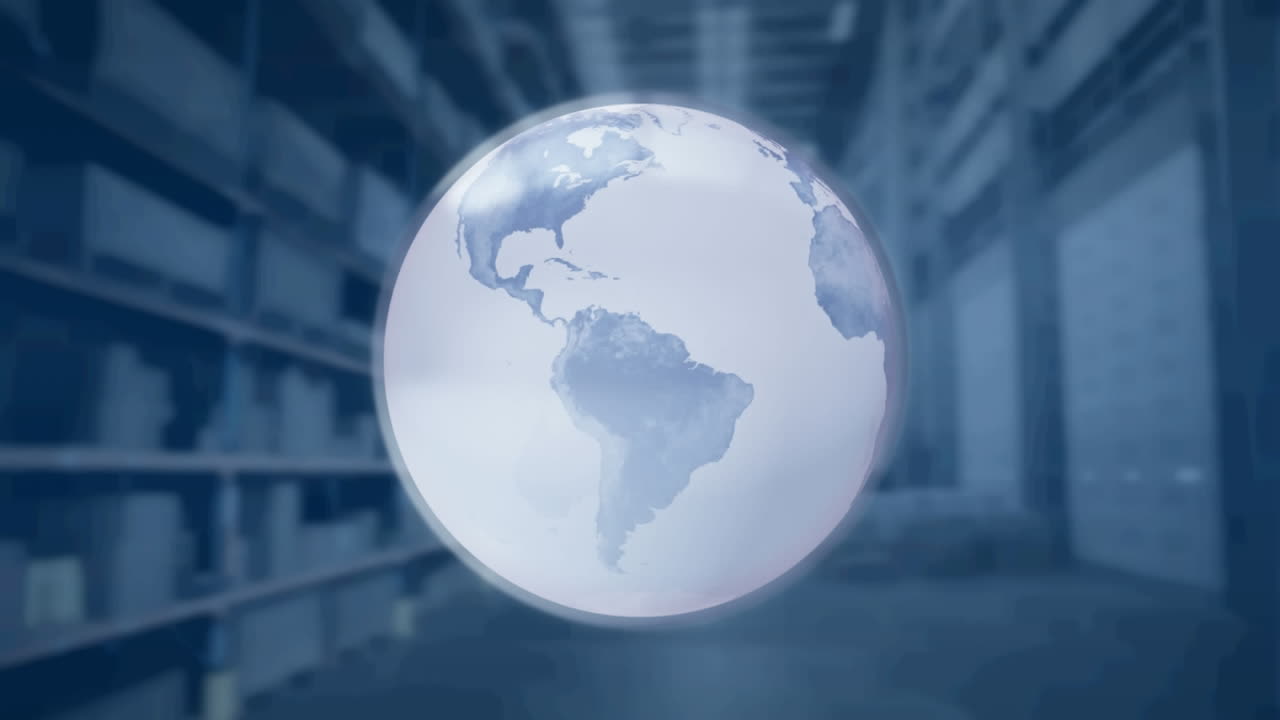 배경 에 있는 창고 를 배경 으로 하여 회전 하는 지구 의 디지털 애니메이션