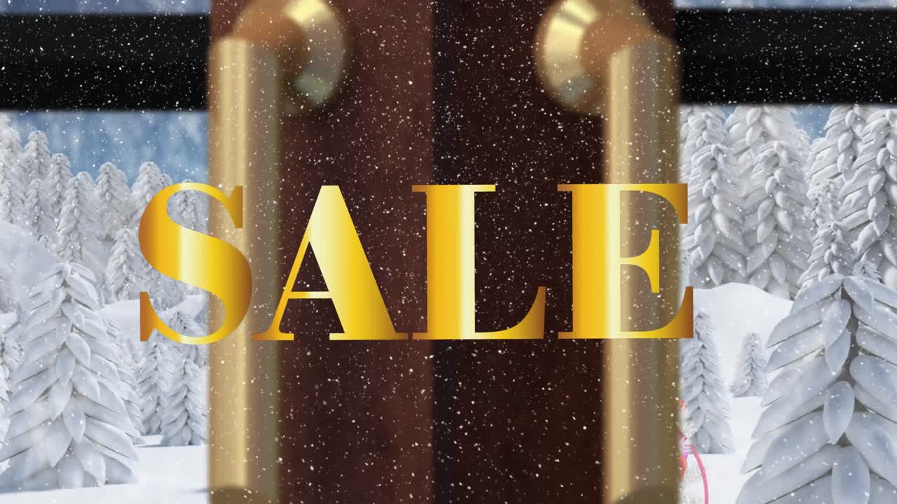 크리스마스 트리와 겨울 풍경 위에 판매 텍스트의 애니메이션