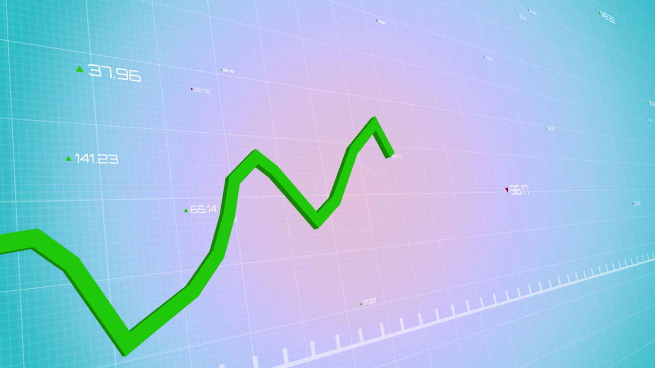 Animazione di elaborazione dati statistici su una rete a griglia su uno sfondo sfumato blu