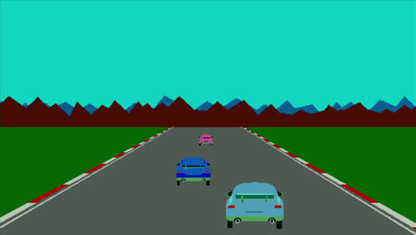 Animación-De-La-Pantalla-De-Un-Videojuego-Con-Coches-Corriendo-En-Una-Calle-En-Movimiento.