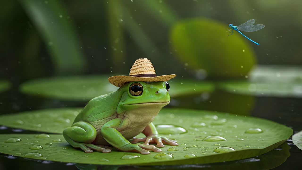 A Charming Green Frog Wearing a Straw Hat Relaxing on a Lily Pad While a Dragonfly Darts Playfully in the Background of a Tranquil Pond Scene