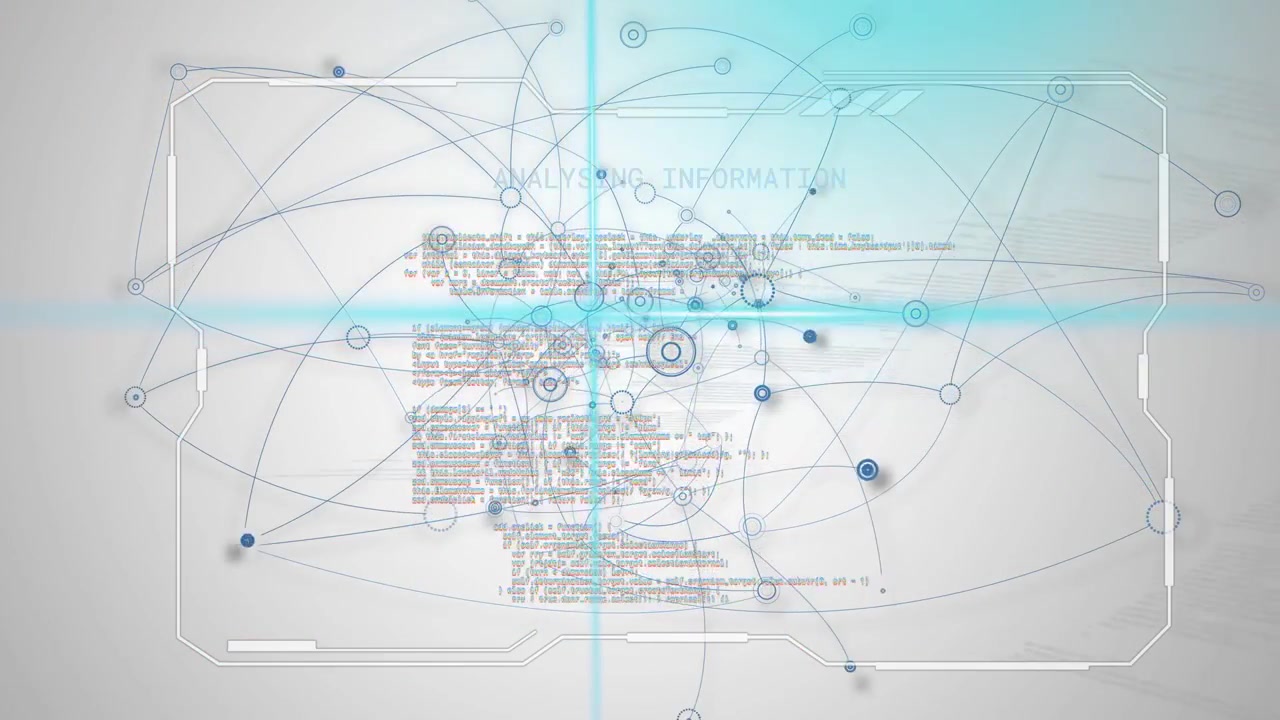 Cyan crosshair pulsing, centered HUD panel growing node web and scanning text to visualize data