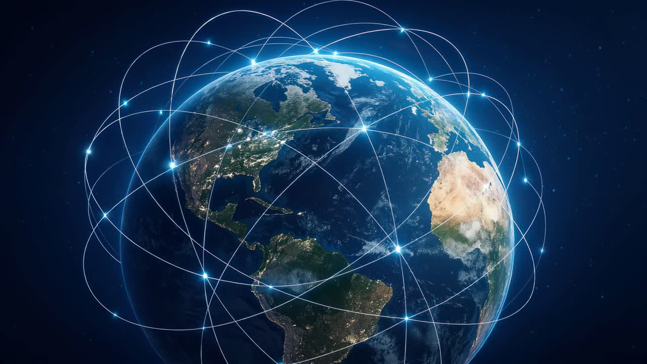 Aerial view of Earth with glowing network lines, symbolizing global connectivity