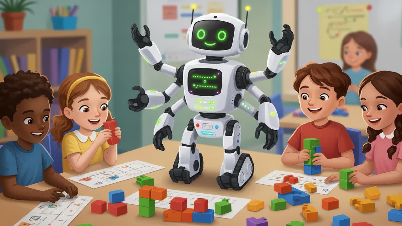 Coinvolgente scena in classe con un robot amichevole che guida i bambini in attività educative e di creatività attraverso l'apprendimento interattivo e l'interazione ludica