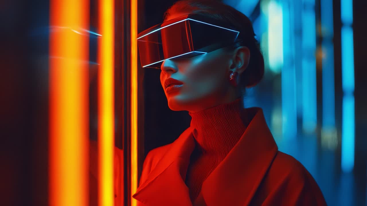 A futuristic model showcases striking modernity while wearing avant-garde reflective glasses, enhanced by vivid neon colors, creating a captivating atmosphere in a sleek urban environment