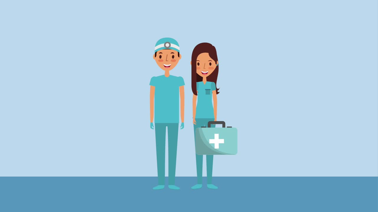 전문적인 여성과 남성 외과 의사와 응급 처치 키트