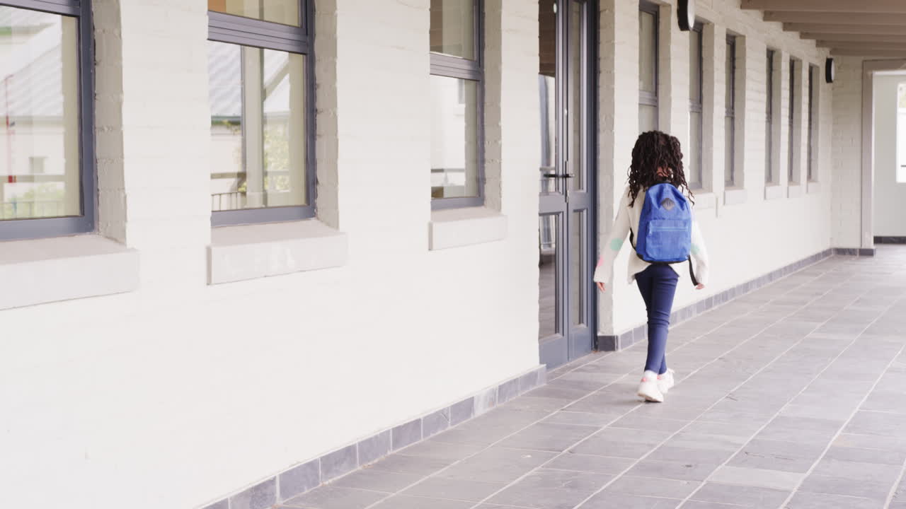 Young girl with blue backpack walking to school entrance, ready for class