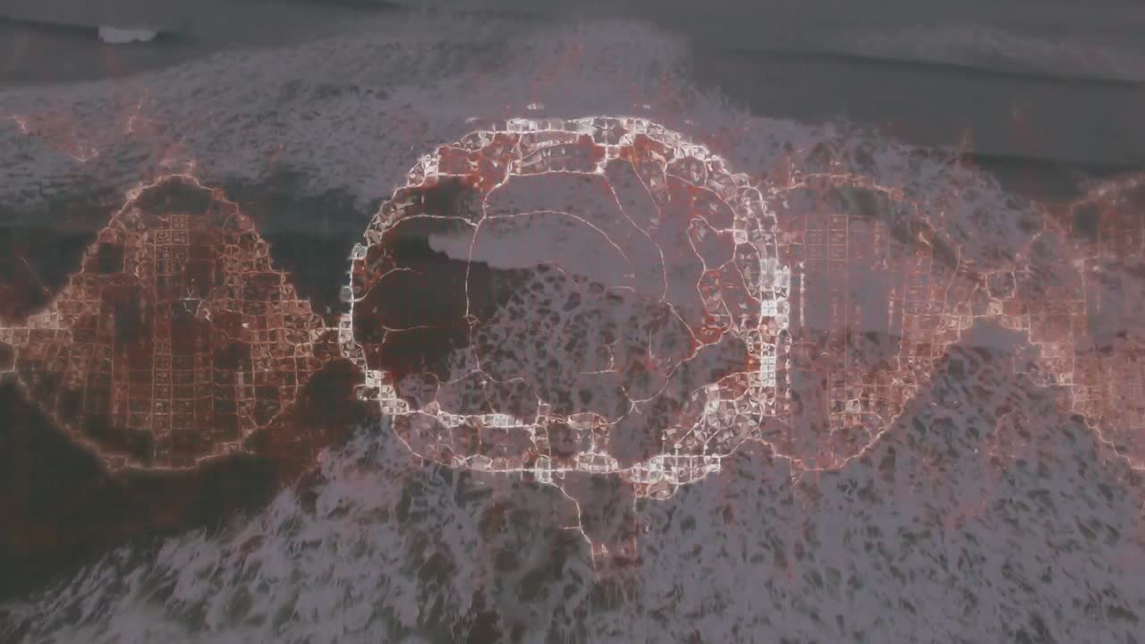 해양 풍경 위의 인간 뇌의 애니메이션