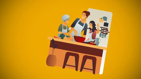 Animation-of-illustration-of-happy-mother-cooking-with-son-and-daughter-in-kitchen,-on-yellow