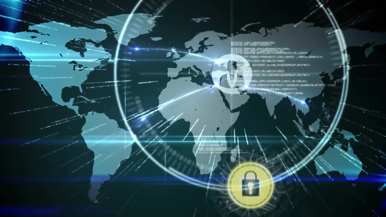 Animation of network of connections with online security padlock on black background