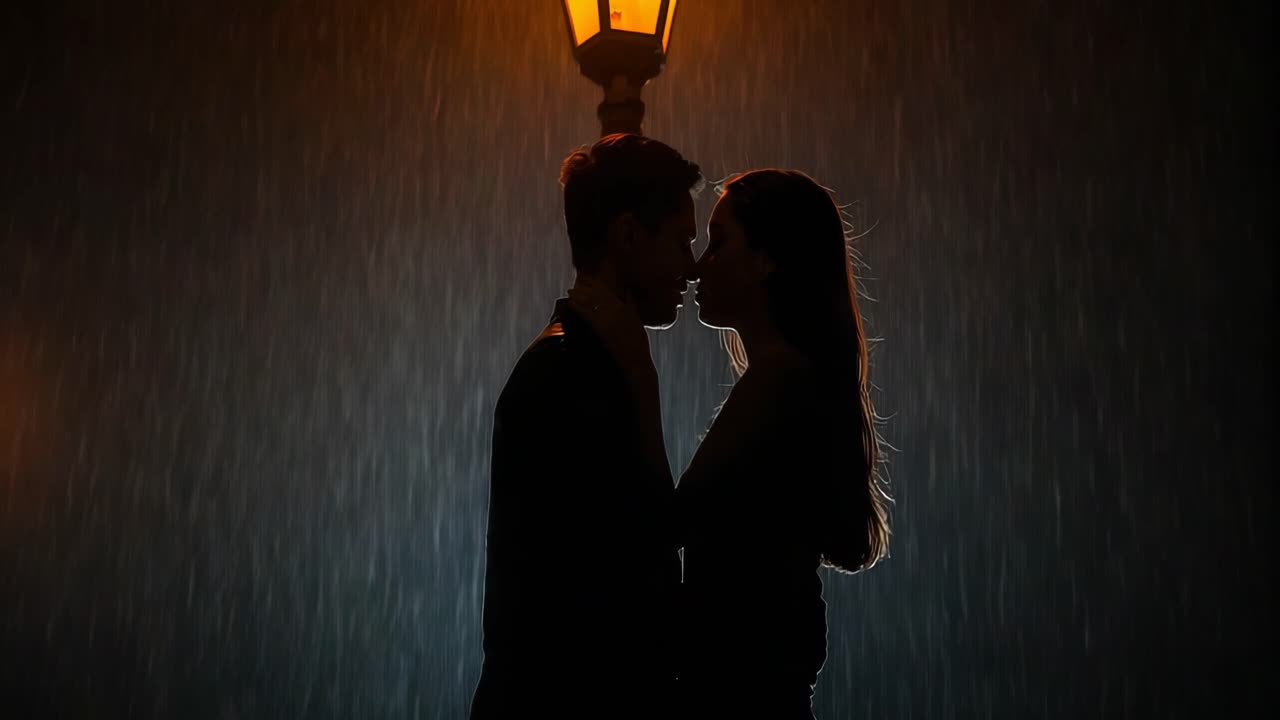 거리 조명 에서 비가 내리고 키스하는 커플