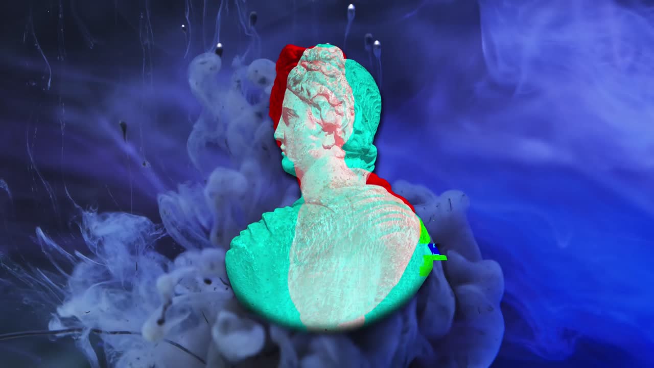 анимация скульптуры с интерференцией и облаками на черном фоне