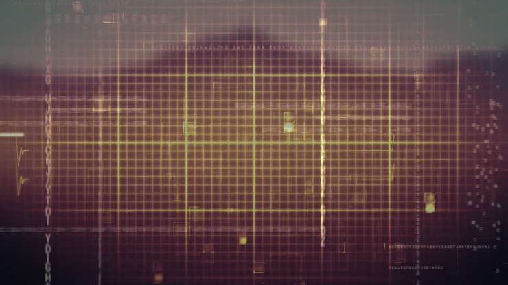 Animation of yellow cardiograph and shapes over cityscape
