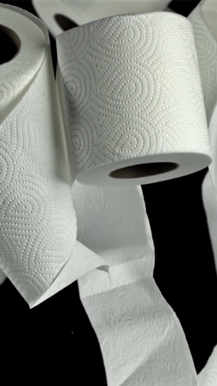 White Toilet Paper Rolls Floating and Unrolling on Black Background