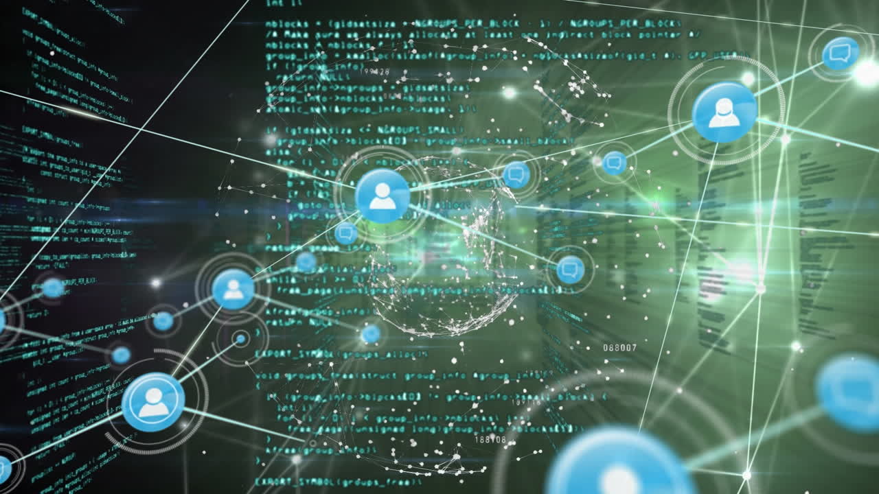 Animation of network of connections with icons over data processing on black background