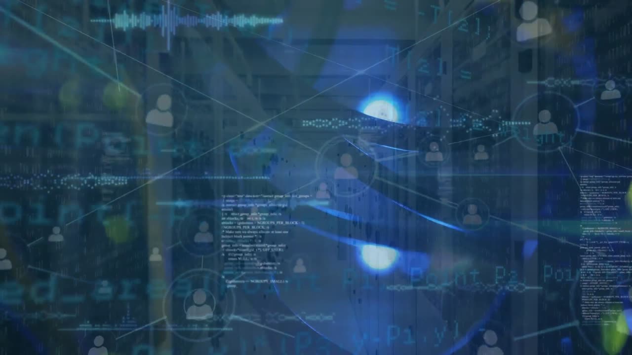 Animation of data processing and network of connections over server room