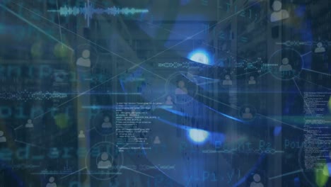 animation of data processing and network of connections over server room