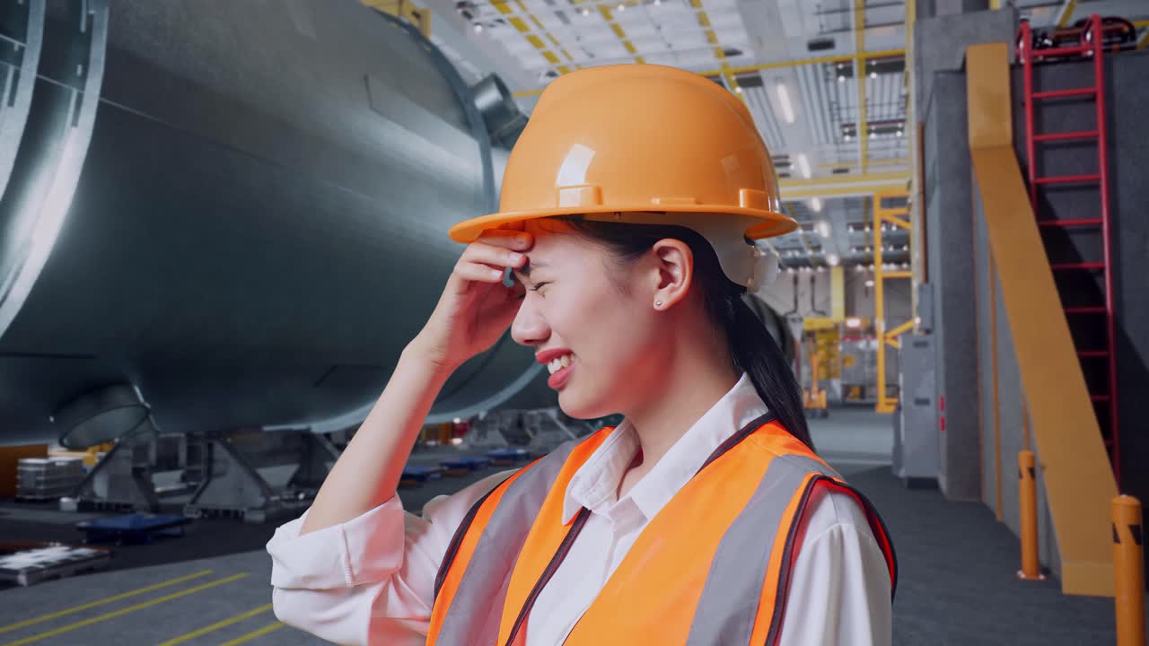 안전 헬을 입은 아시아 여성 엔지니어가 파이프 제조 공장에서 일하는 동안 두통을 고 있는 근접한 측면 시각