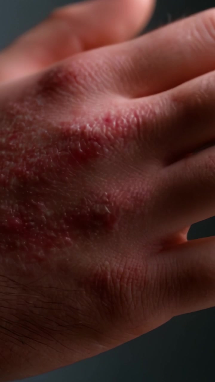 Un esame ravvicinato di condizioni dermatologiche della pelle sulla mano, che evidenzia sintomi di secchezza, arrossamento e irritazione associati a vari disturbi della pelle.