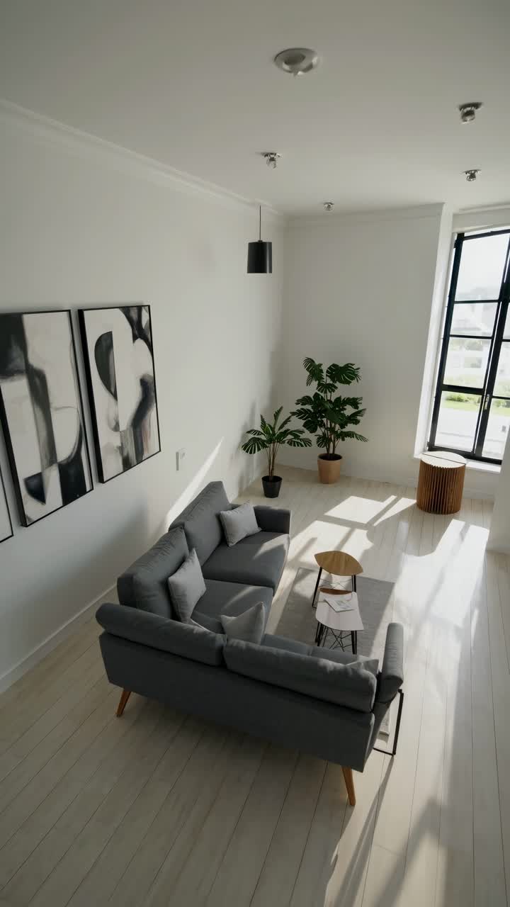 Letecký pohled na moderní obývací pokoj s minimalistickým dekorem, šedou pohovkou a abstraktním uměním