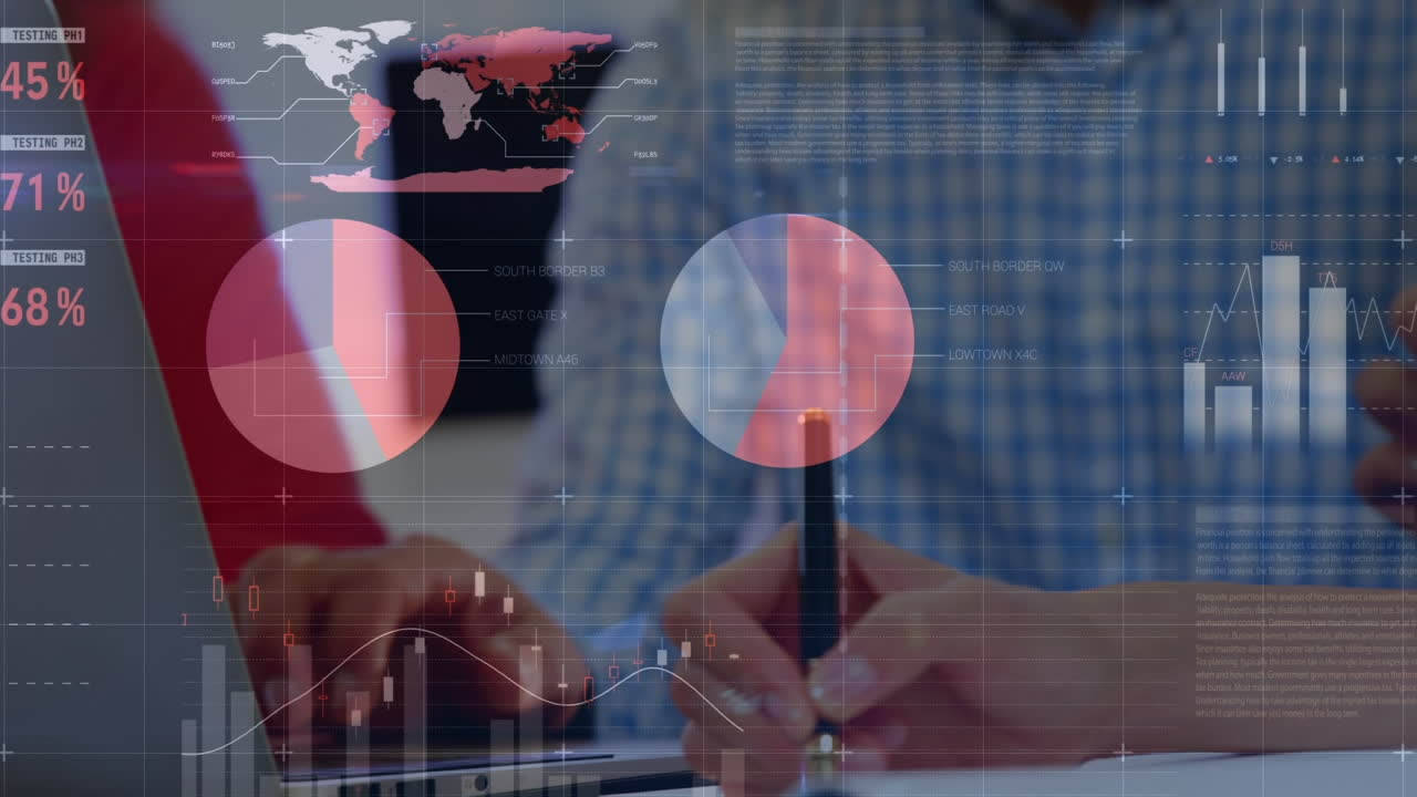 animación de datos financieros y gráficos sobre las manos de una mujer caucásica haciendo notas