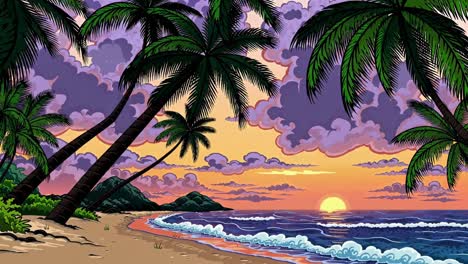 a vibrant, cartoon-style beach sunset with palm trees, viewed from a low angle