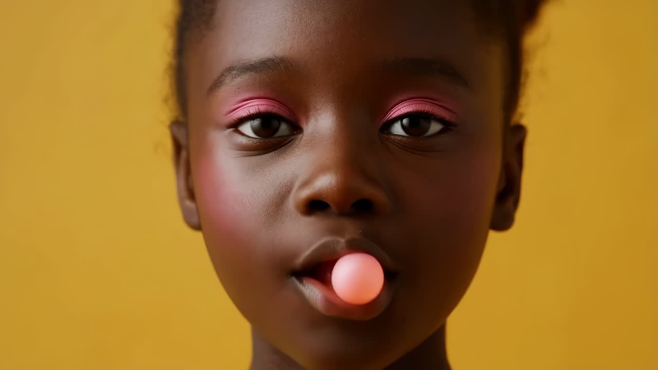Close-up Portrait of a Young Black Girl with Pink Makeup and Bubblegum