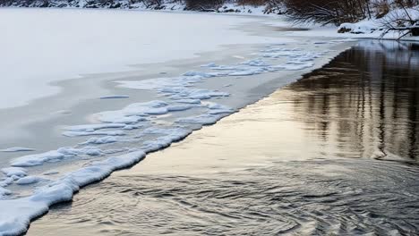 A tranquil winter scene showcasing the serene transition from snow-covered shoreline to the shimmering water, capturing the beauty of nature during the colder months