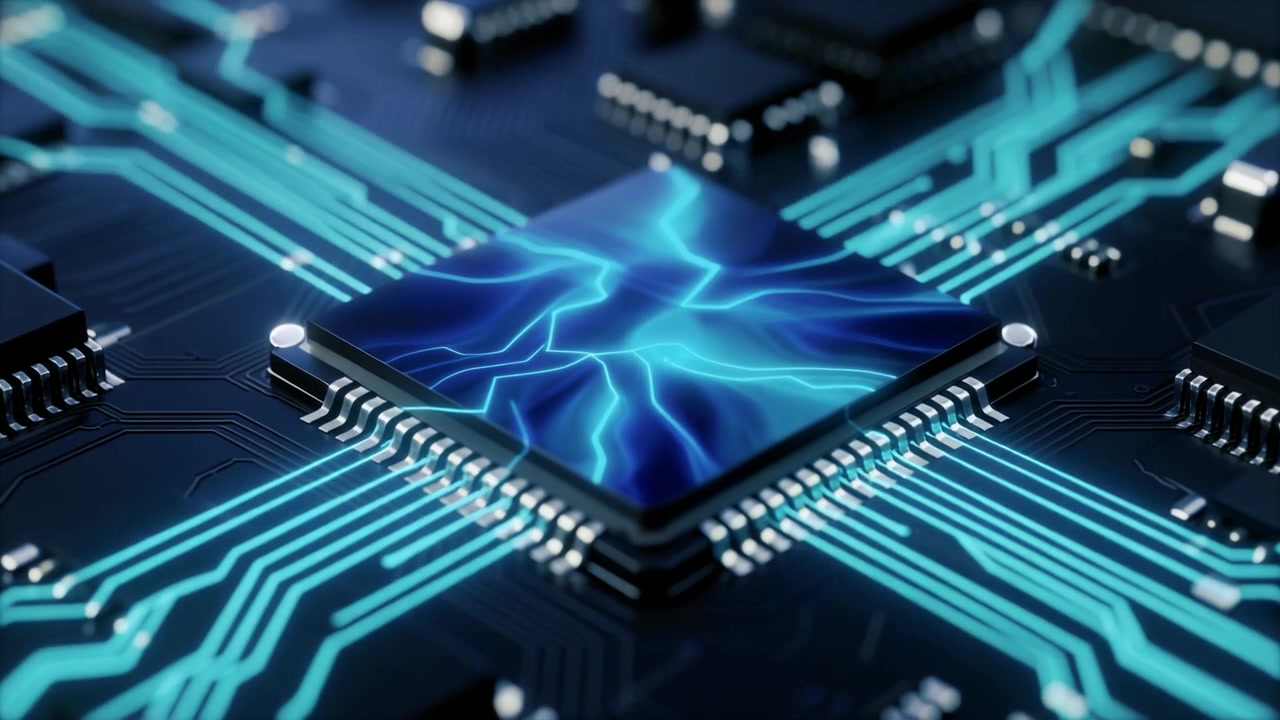 Digital mikrochip, der behandler data med glødende blåt kredsløb
